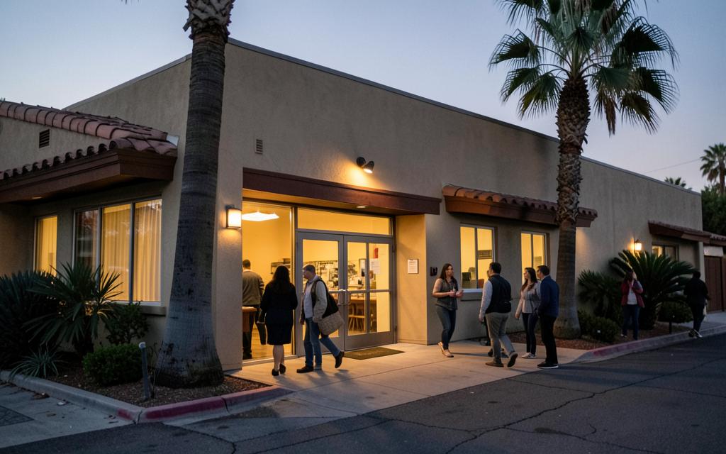 Bakersfield Homeless Center — Shelter entrance in the evening